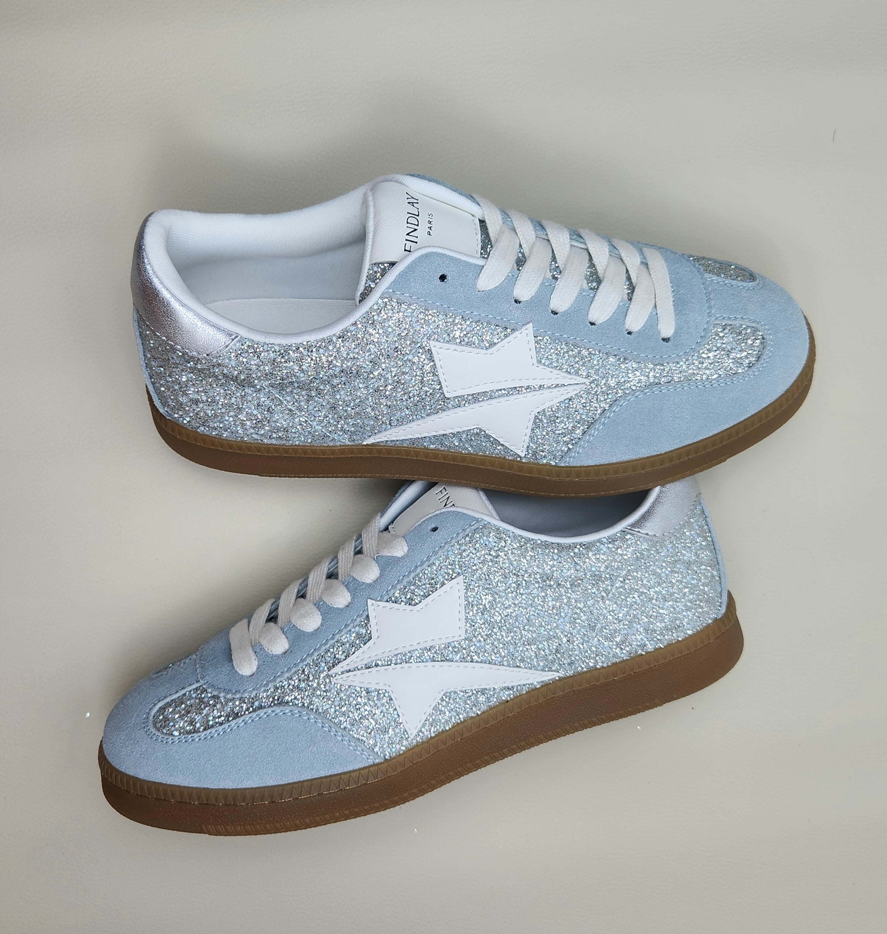 Baskets Paillettes Argent & Suédine Bleu Ciel Modèle Malo