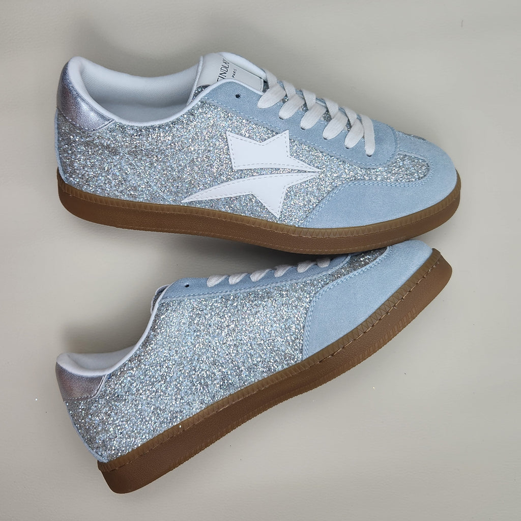 Baskets Paillettes Argent & Suédine Bleu Ciel Modèle Malo