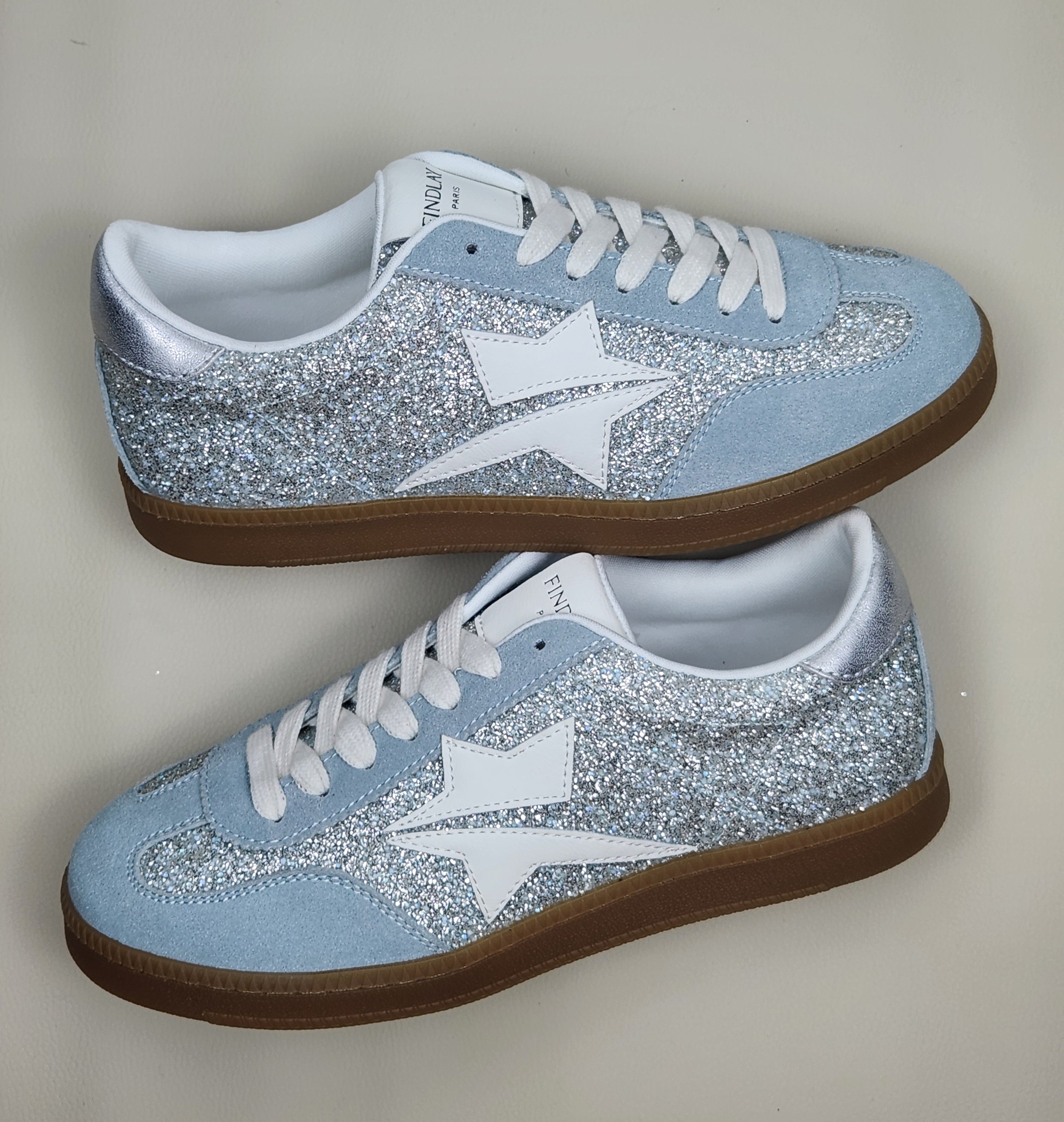 Baskets Paillettes Argent & Suédine Bleu Ciel Modèle Malo